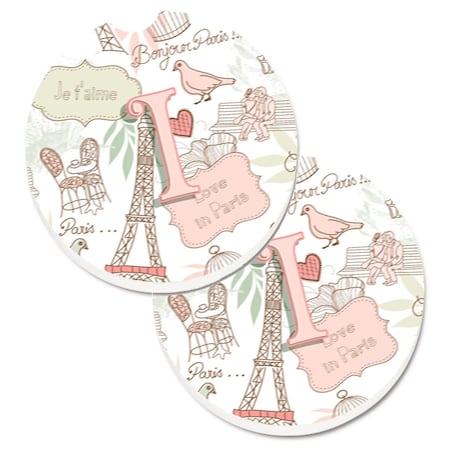 Carolines Treasures Letter I Love in Paris Pink Set of 2 Cup Holder Car Coaster CJ2002-ICARC